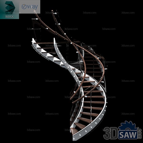 Sweeping curved staircase on a riveted steel stringer with dark timber treads and a moulded handrail