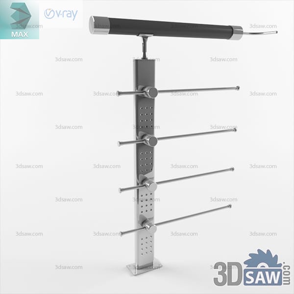 Brushed stainless balustrade post with four horizontal rods and a leather-wrapped handrail