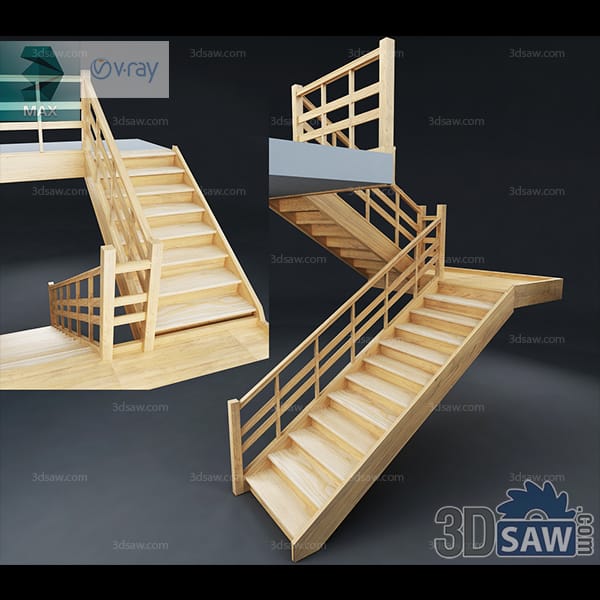 Two straight pine staircases with box treads and square-baluster railings