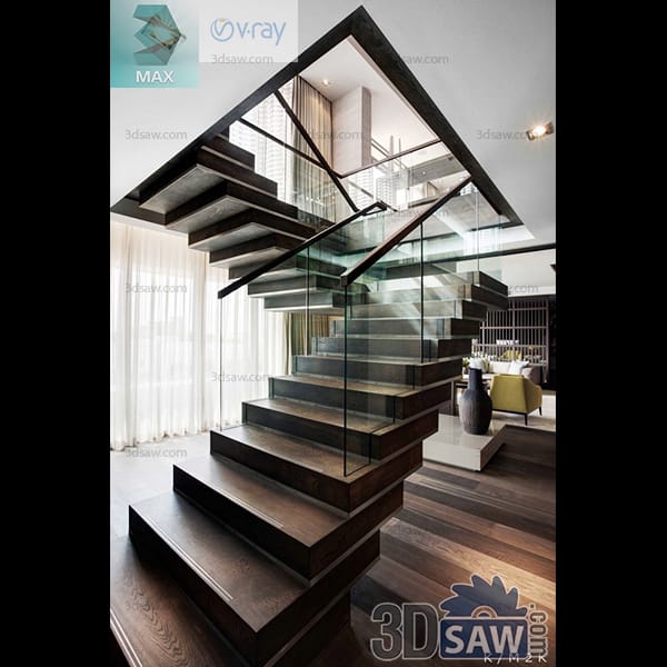 Floating dark-oak staircase wrapping a landing with a frameless glass balustrade in a living room