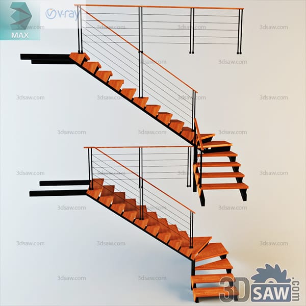 U-shaped open-riser stair on black steel stringers with rust-toned oak treads and a cable balustrade