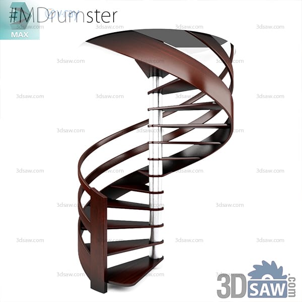 Spiral staircase with a ribbon-like outer stringer and dark mahogany treads around a chrome column