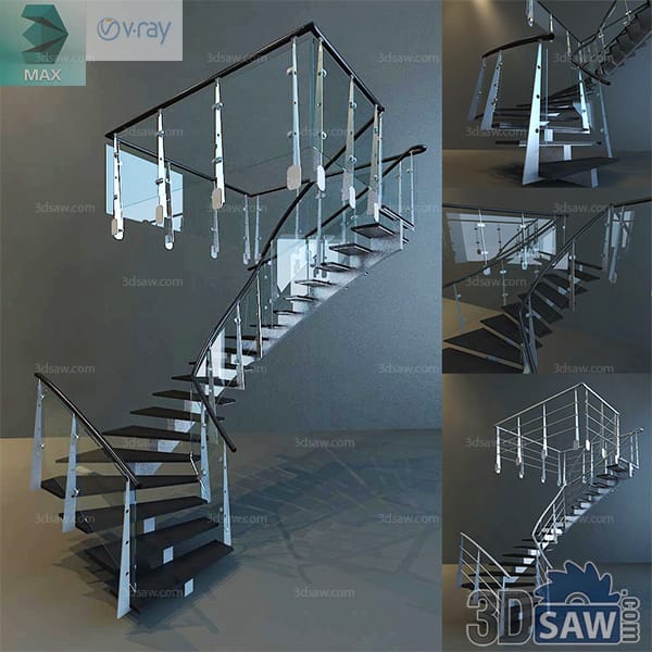 Dark wenge switchback staircase off a low platform with white posts and thin horizontal rod infill