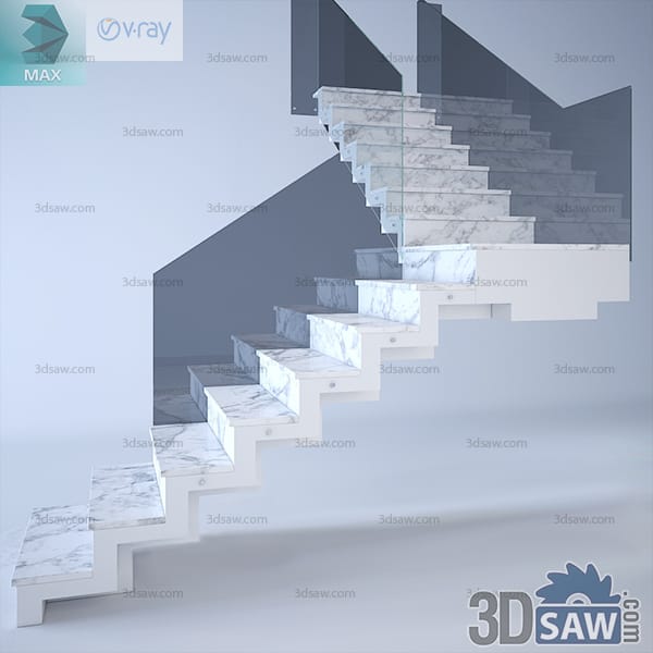 Switchback staircase fully clad in veined Carrara marble with a solid parapet balustrade
