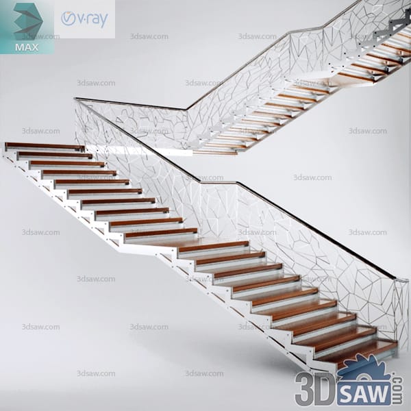 Switchback staircase with oak treads and laser-cut steel balustrade panels in a branch pattern