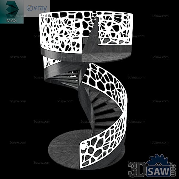 Spiral staircase enclosed by a curved white screen with an organic cell cut-out pattern