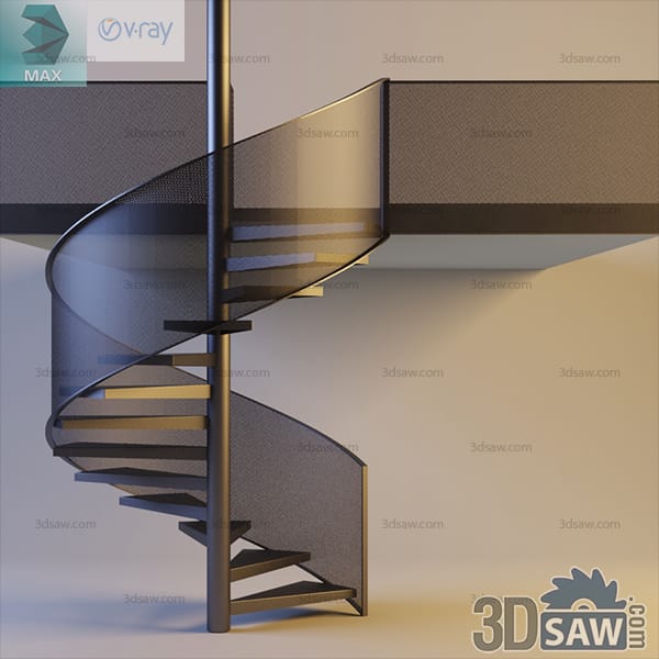 Dark steel spiral staircase on a central pole enclosed by a curved perforated-metal screen