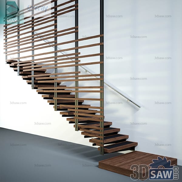 Floating walnut staircase on a mono-stringer screened by closely spaced horizontal timber slats