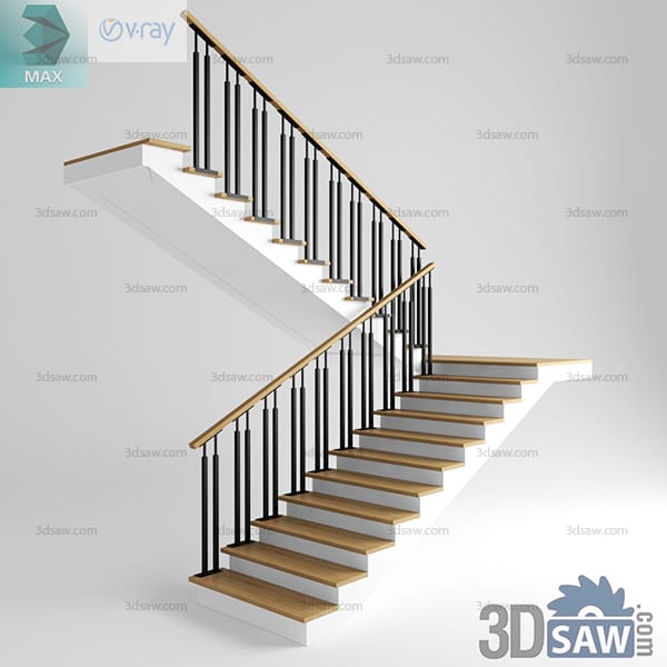 L-shaped white-stringer staircase with oak treads and slim black turned-iron balusters