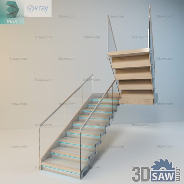 Pale ash staircase turning into floating open-riser treads with a green-edged glass balustrade
