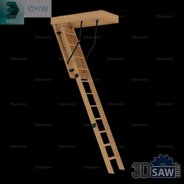 Pull-down pine attic ladder hinged in two folding sections on a ceiling hatch frame