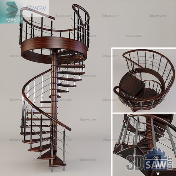 Mahogany spiral staircase around a central column with stainless rod balusters and a timber handrail