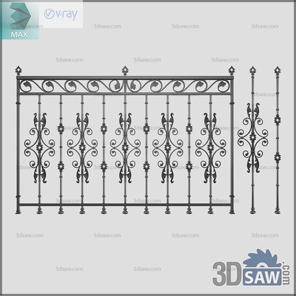 Black wrought iron balcony railing panel with dense scrollwork, rosettes and spear finials