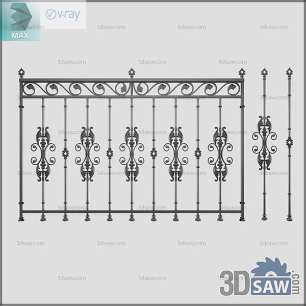 Wrought iron balcony railing with mirrored scroll panels and finial end posts