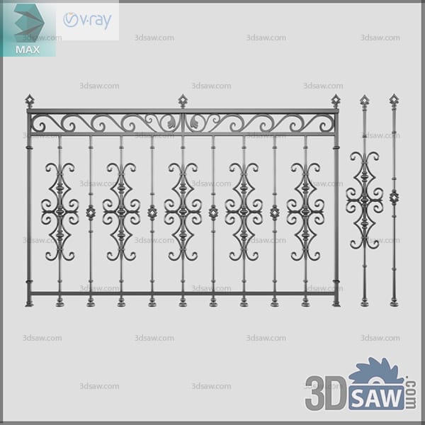 Black iron railing panel with repeating diamond and scroll medallions and thin pickets