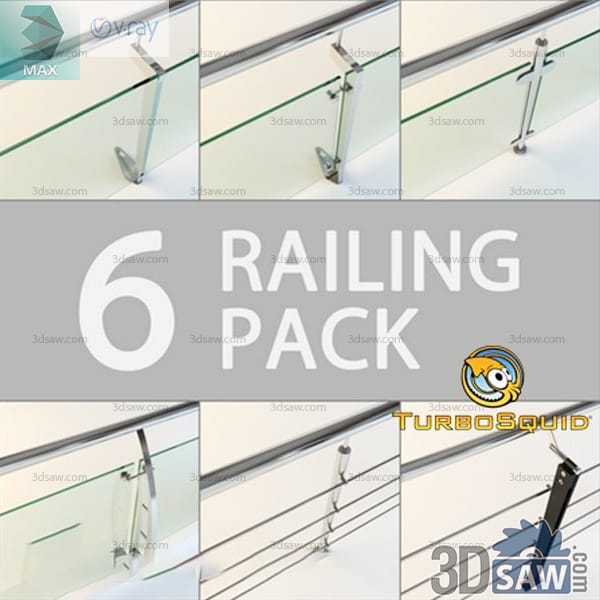 Six stainless steel post and glass balustrade railing variants shown as short runs