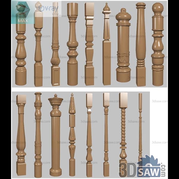 Clay-render set of turned wood staircase balusters and newel posts with varied caps