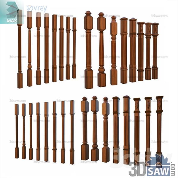 Walnut-finished set of turned staircase balusters and square-topped newel posts
