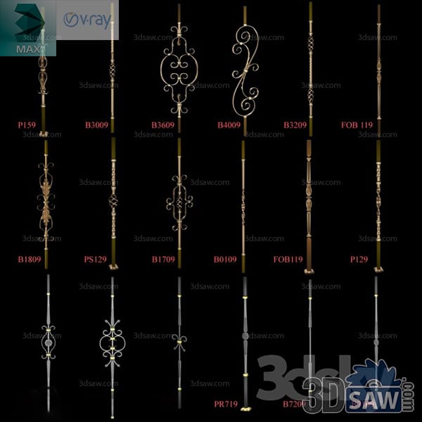 Board of forged wrought iron balusters with basket twists and scrolled centre panels