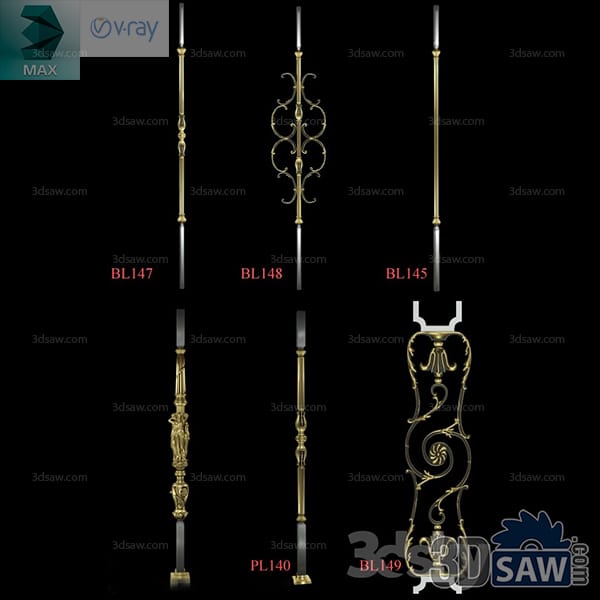 Row of polished brass balusters, some plain, some with scrolled acanthus centre medallions