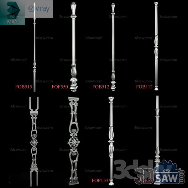 Eight polished silver cast metal balusters, scroll newel panels and fluted column posts