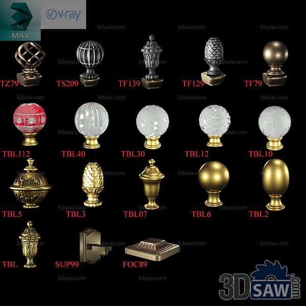 Collection of newel post finials including turned balls, pineapples and crystal spheres