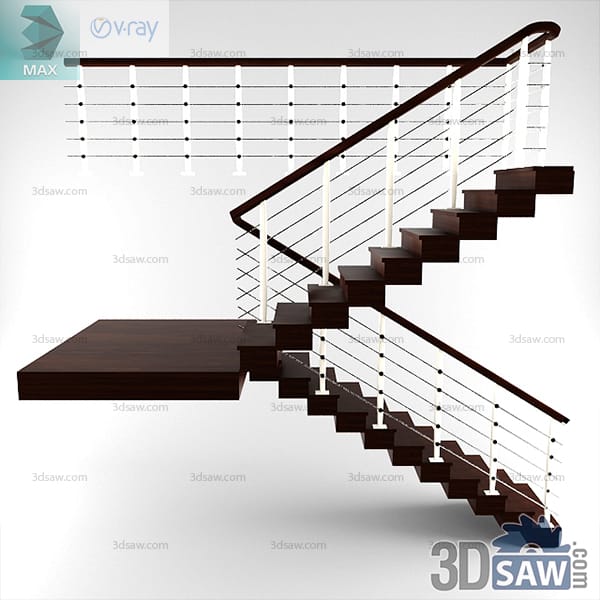 L-shaped wood staircase with white posts, horizontal steel cable infill and dark timber handrail