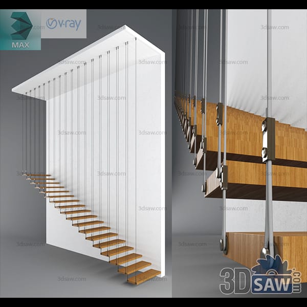 Floating wood staircase with treads suspended on slender vertical steel tension rods from a ceiling beam