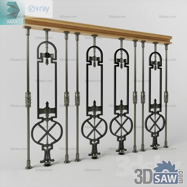 Ornate forged-iron railing panels with arched cartouche and wheel motif under a moulded oak handrail
