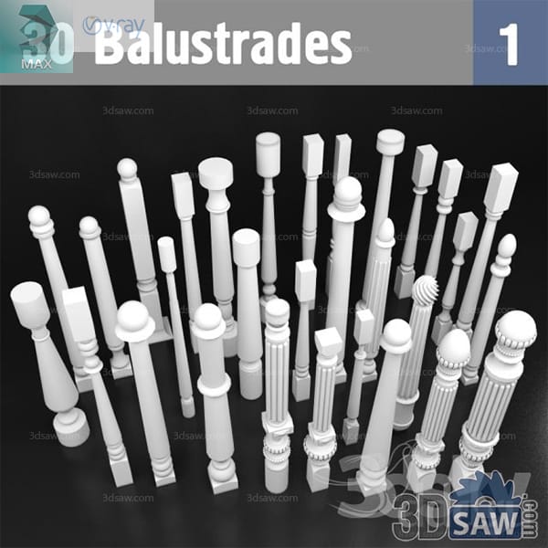 Clay-render collection of turned wood balusters and newel posts in fluted, urn and ball-top profiles