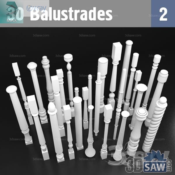 Second clay-render set of stair balusters and newel posts including spiral-turned and paneled block profiles