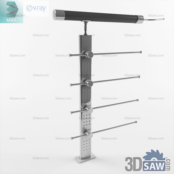 Brushed stainless railing post with perforated stem, four horizontal bars and black leather-wrapped handrail