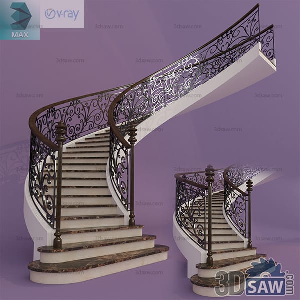 Grand curved staircase with marble steps and ornate scrolled wrought-iron balustrade with urn newel posts