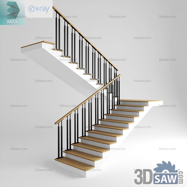Straight staircase with oak treads, white stringer, thin black metal spindles and oak handrail