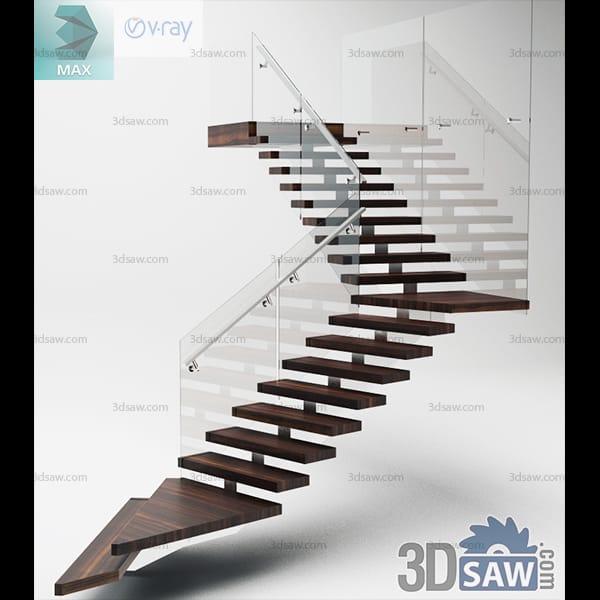 Floating switchback staircase with thick walnut treads, central steel stringer and frameless glass balustrade