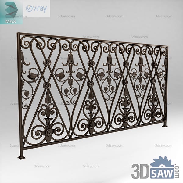 Dark forged-iron balcony railing panel with diamond lattice of scrolls, leaves and fleur-de-lis drops