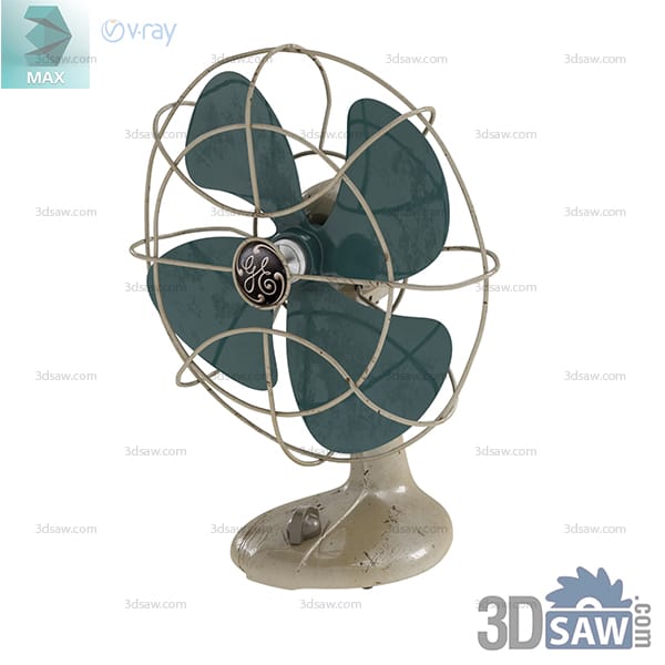 Vintage cream metal table fan with four dark blades and wire cage