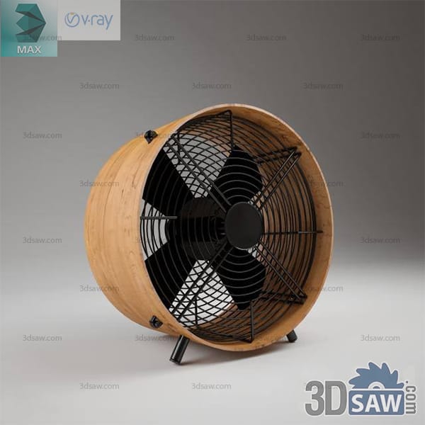 Portable black fan enclosed in a round wooden drum with metal grille