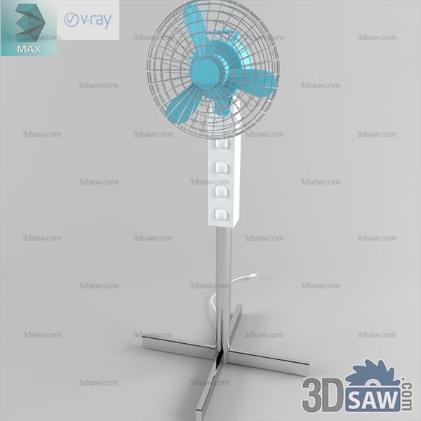 White pedestal fan with turquoise blades and polished cross base