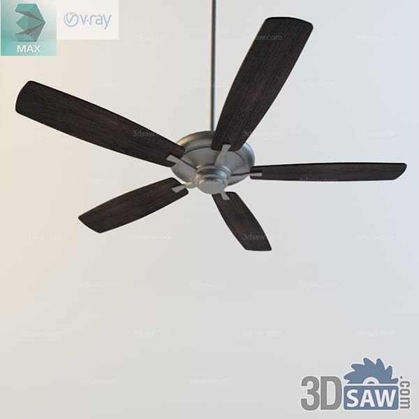 Five-blade dark wood ceiling fan with brushed metal motor housing