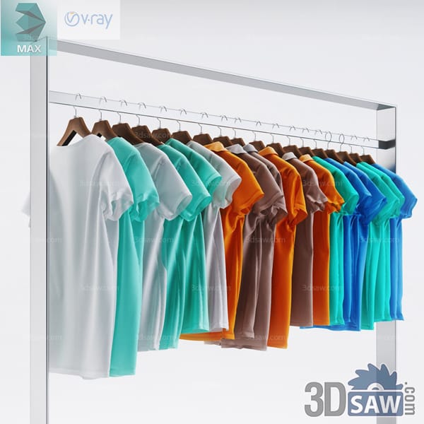 Colorful short-sleeve T-shirts displayed on wooden hangers and metal rail