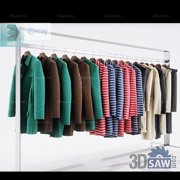 Mixed green coats, striped tops, and neutral garments on a shop rail