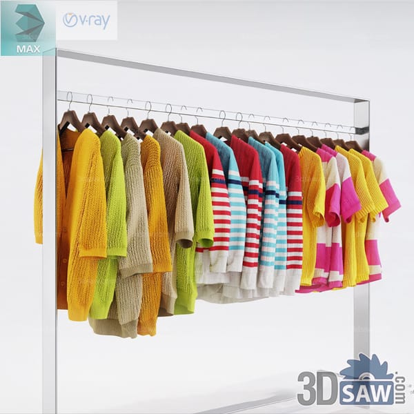 Bright knitted tops and striped shirts hanging on a retail clothing rail