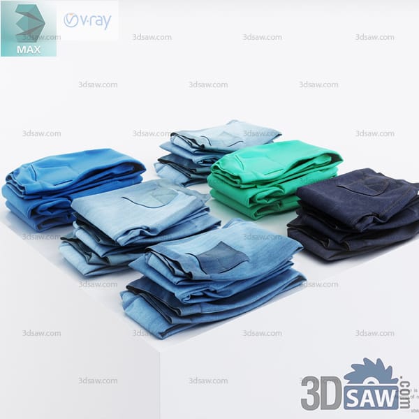 Folded blue, green, aqua, and charcoal clothes arranged in retail stacks