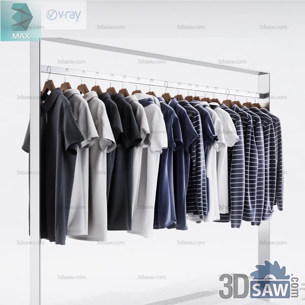 Monochrome polo shirts and striped tops hanging on a retail clothing rail