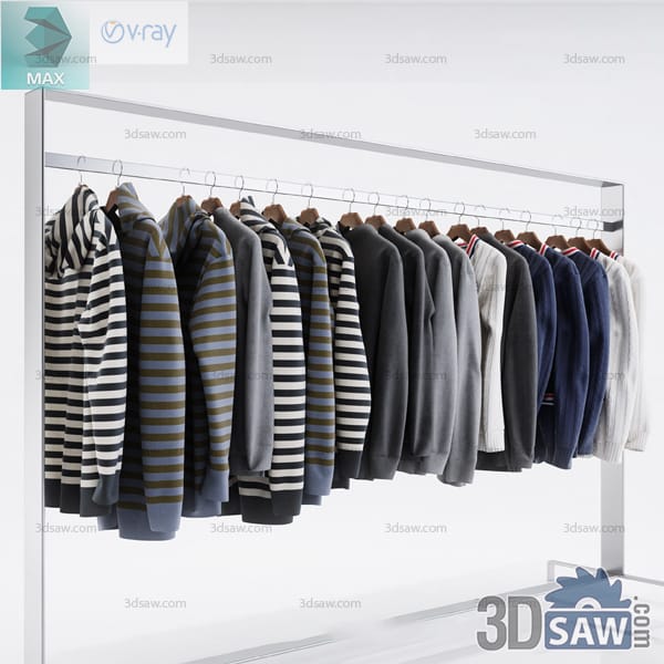 Striped sweaters and neutral jackets arranged on a silver retail rack