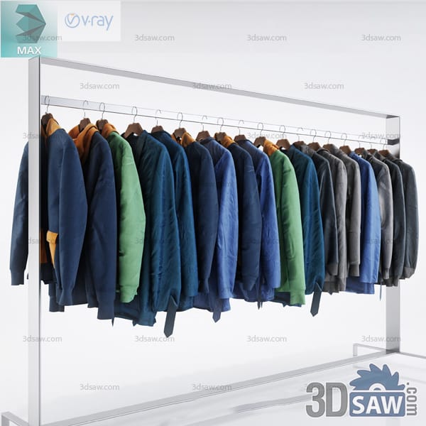 Blue, green, teal, and grey jackets displayed on a retail clothing rail