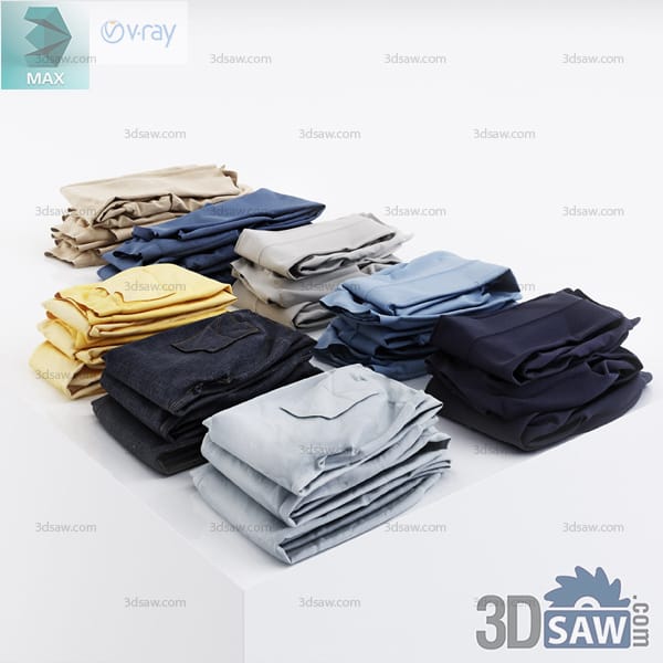 Folded trousers in neutral, blue, black, and mustard color stacks