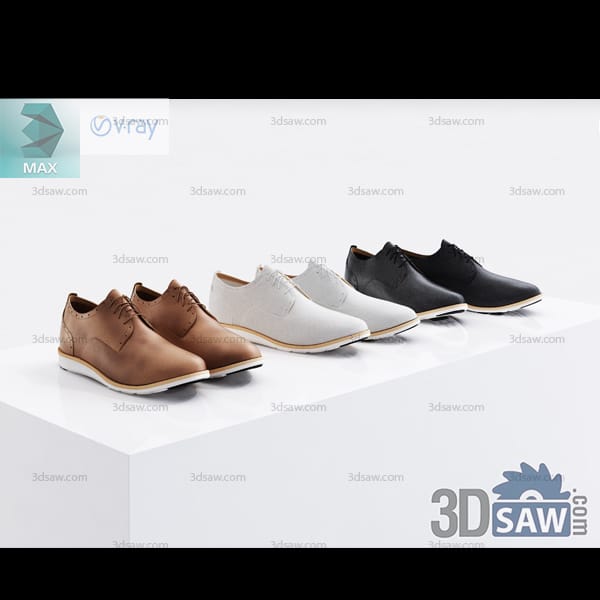 Brown, white, and black leather Oxford shoes displayed on a white plinth