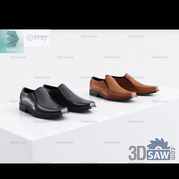 Black and brown leather slip-on dress shoes on a white display platform